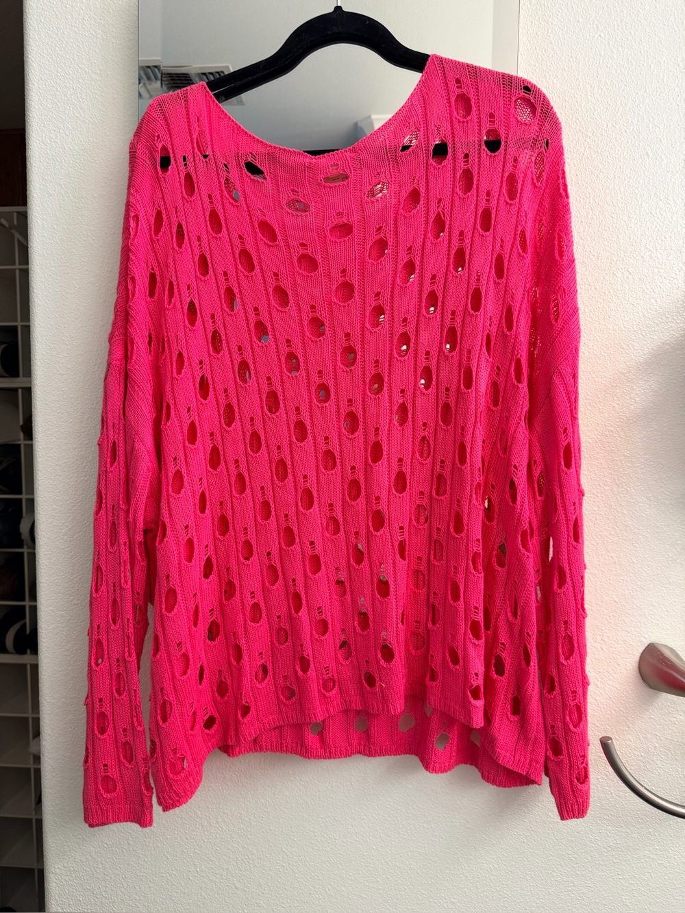 BiBi Hot Pink Distressed Open-Knit Sweater